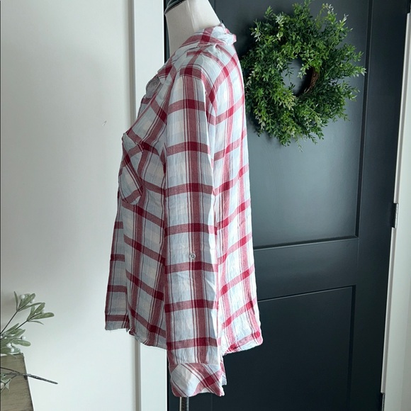 Sanctuary L Red light blue and White Plaid Button-Up rayon casual Shirt - Picture 4 of 9